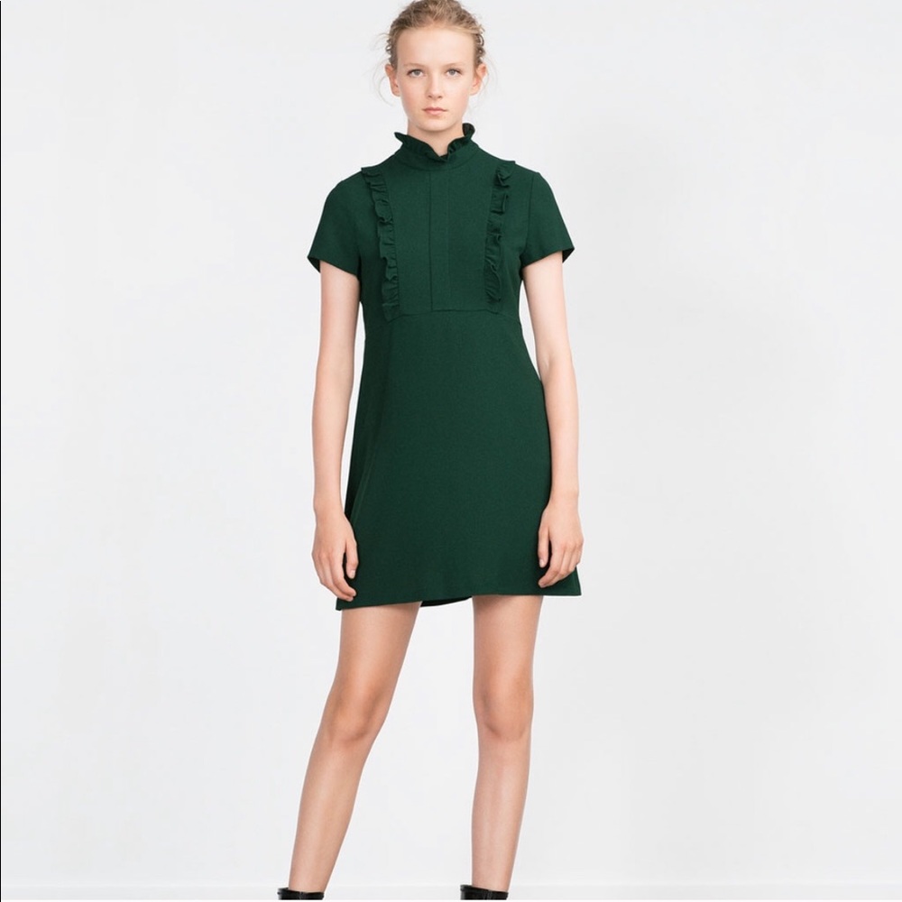 Zara Dark Green Short Sleeve Ruffle Shift Dress